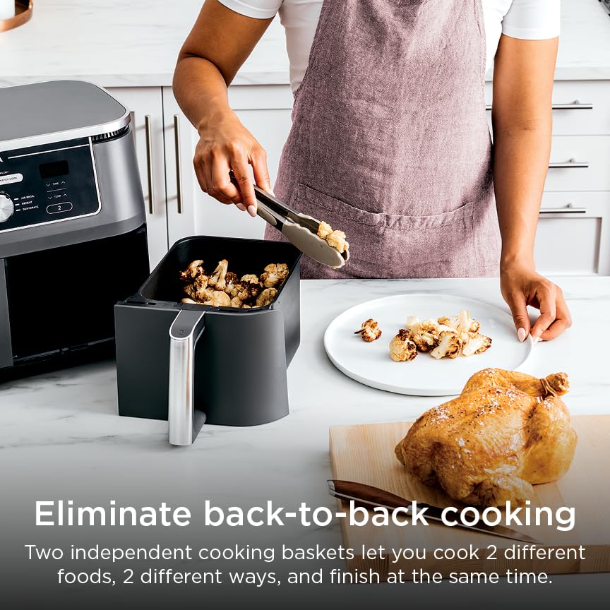Ninja DZ401 Foodi 10 Quart 6-in-1 DualZone XL 2-Basket Air Fryer with 2 Independent Frying Baskets, Match Cook & Smart Finish to Roast, Broil, Dehydrate for Quick, Easy Family-Sized Meals, Grey