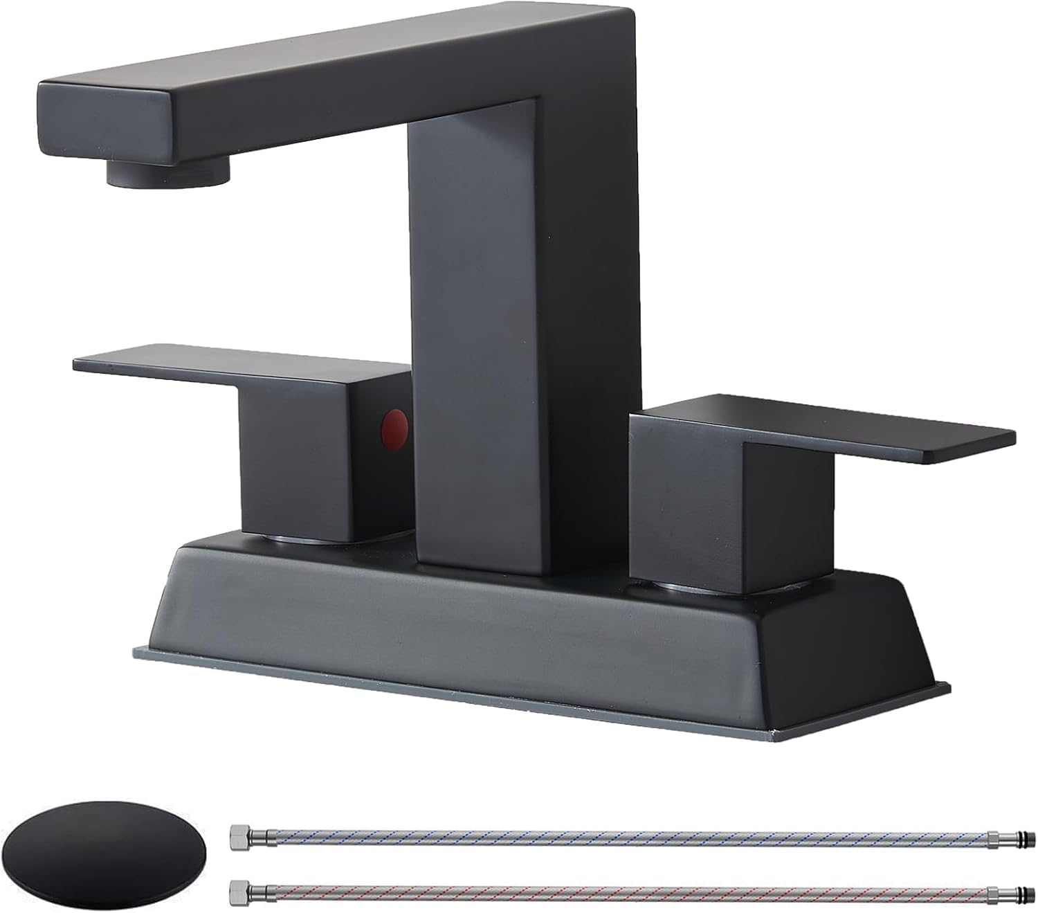 KINGO HOME Black 2 Handle Centerset Bathroom Faucet,Matte Black 4 Inch Bathroom Sink Faucet Modern Vanity Faucets for Sink 3 Hole Lavatory Bath Faucet with Lead-Free Supply Hose and Pop up Drain
