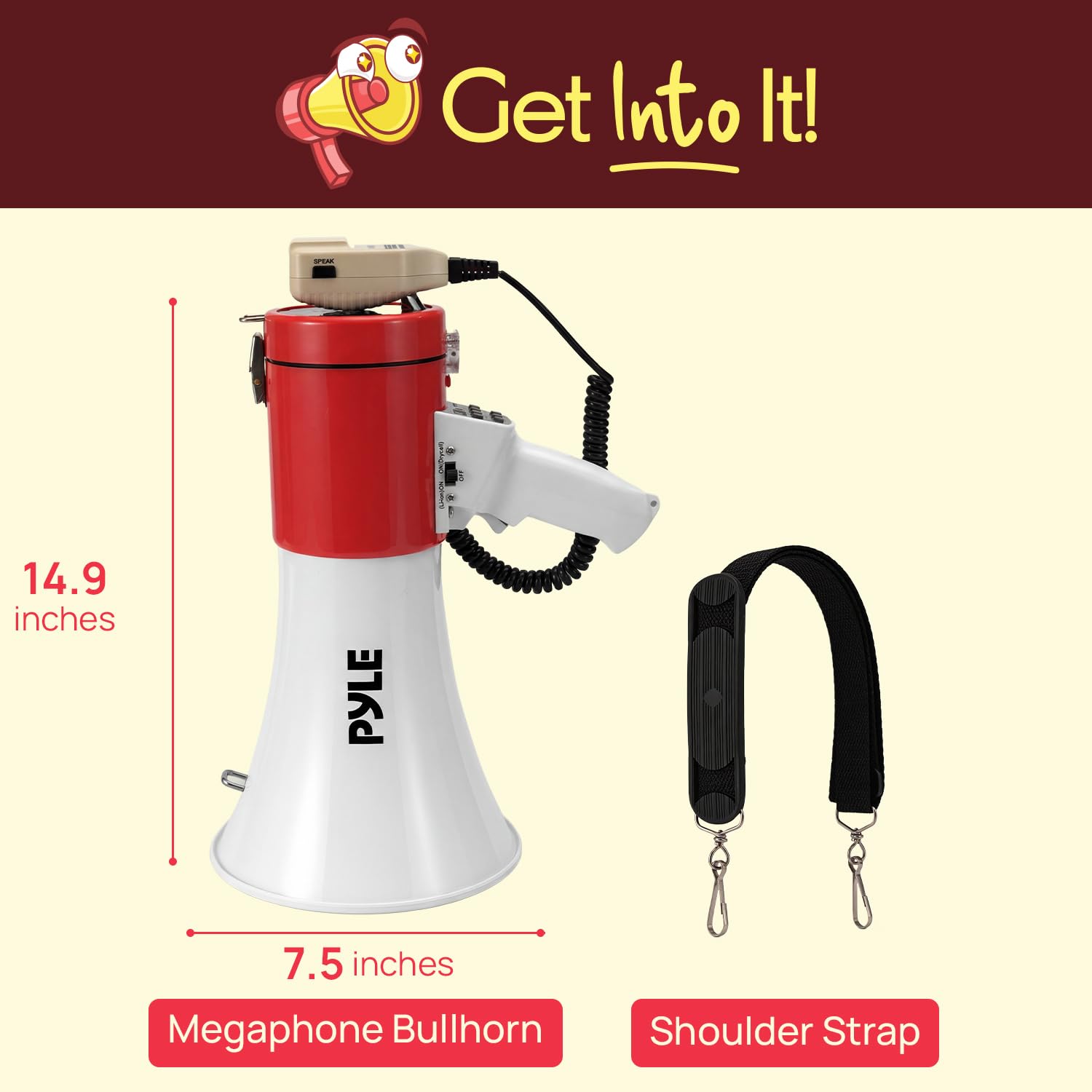 Portable Megaphone Speaker PA Bullhorn - Built-in Siren, 50W Adjustable Volume Control & 1200 Yard Range - Ideal for Any Outdoor Sports, Cheerleading Fans & Coaches or for Safety Drills - Pyle PMP52BT