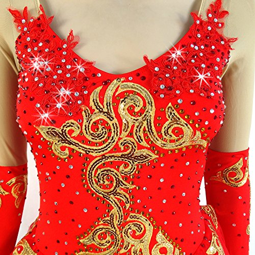 Ice Figure Skating Dress For Girls Long-Sleeved Ballet Skirt Part Sleeve With Gloves Red #TOP4