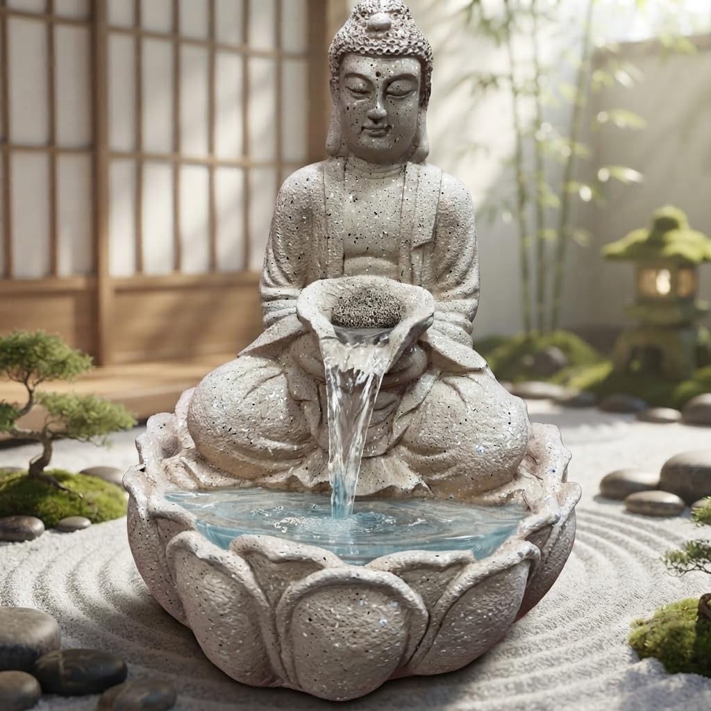G - Creations : Buddha Waterfall Buddha Fountain Zen Garden Buddha Statue with Lotus Base, Decorative Water Fountain, Beige Stone Finish Tabletop Fountain-image-24