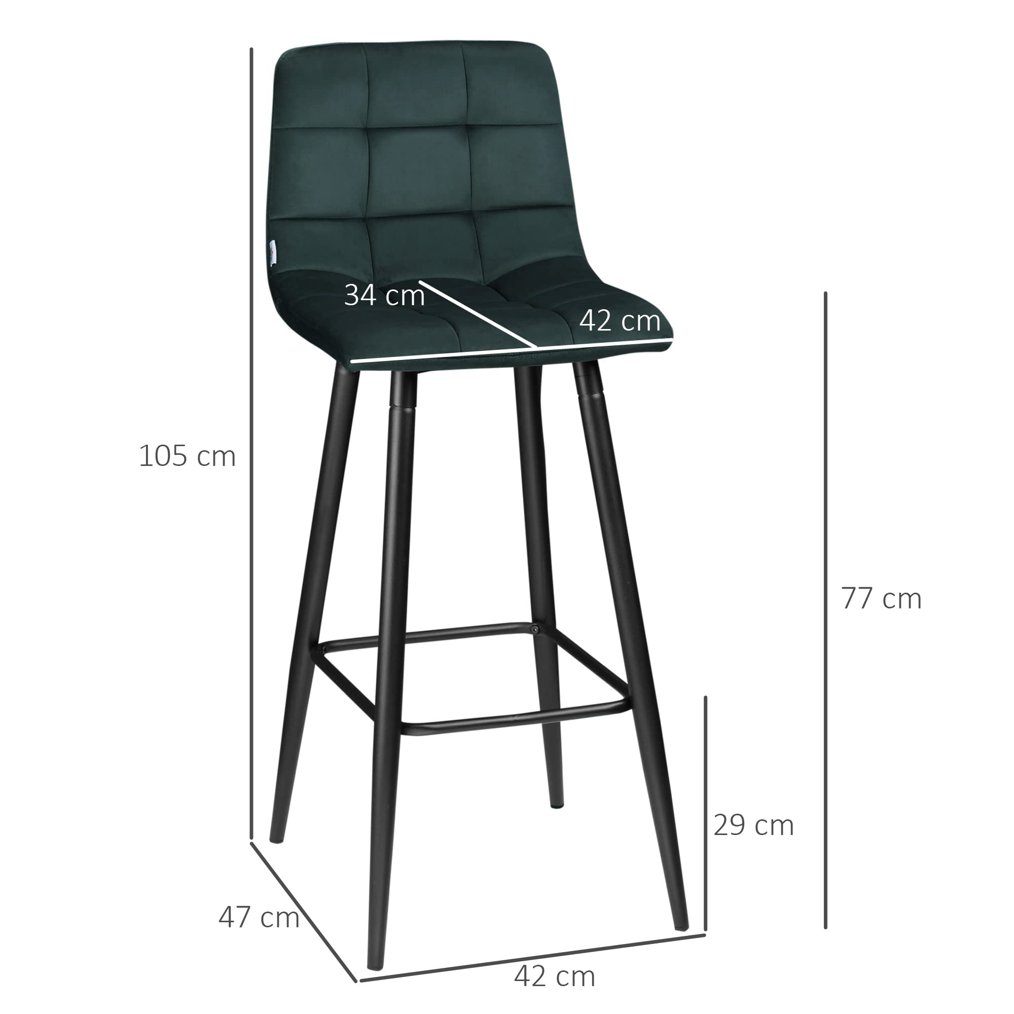 HOMCOM Barhocker 2er Set, Gepolstert Barstuhl mit Stahlgestell, Lehne, Samtoptik, Küchenstühle mit Fußstütze Tresenhocker für Küche, Wohnzimmer, Esszimmer Grün