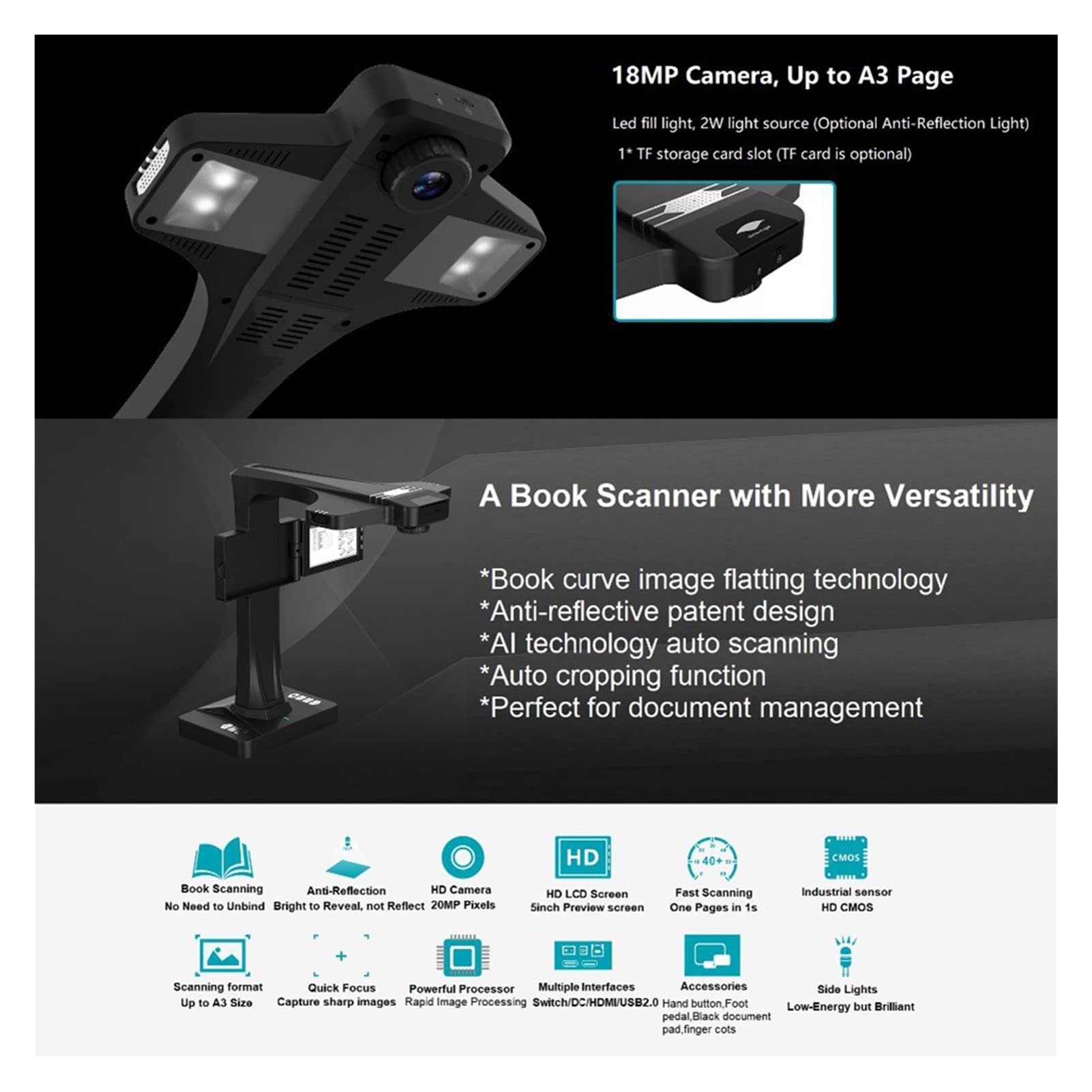 Escáner de Libros Inteligente Eloam BS2000P, escáner portátil de Documentos con cámara de 18 MP y reconocimiento óptico de Caracteres (OCR). Aplanamiento automático de Curvas y el