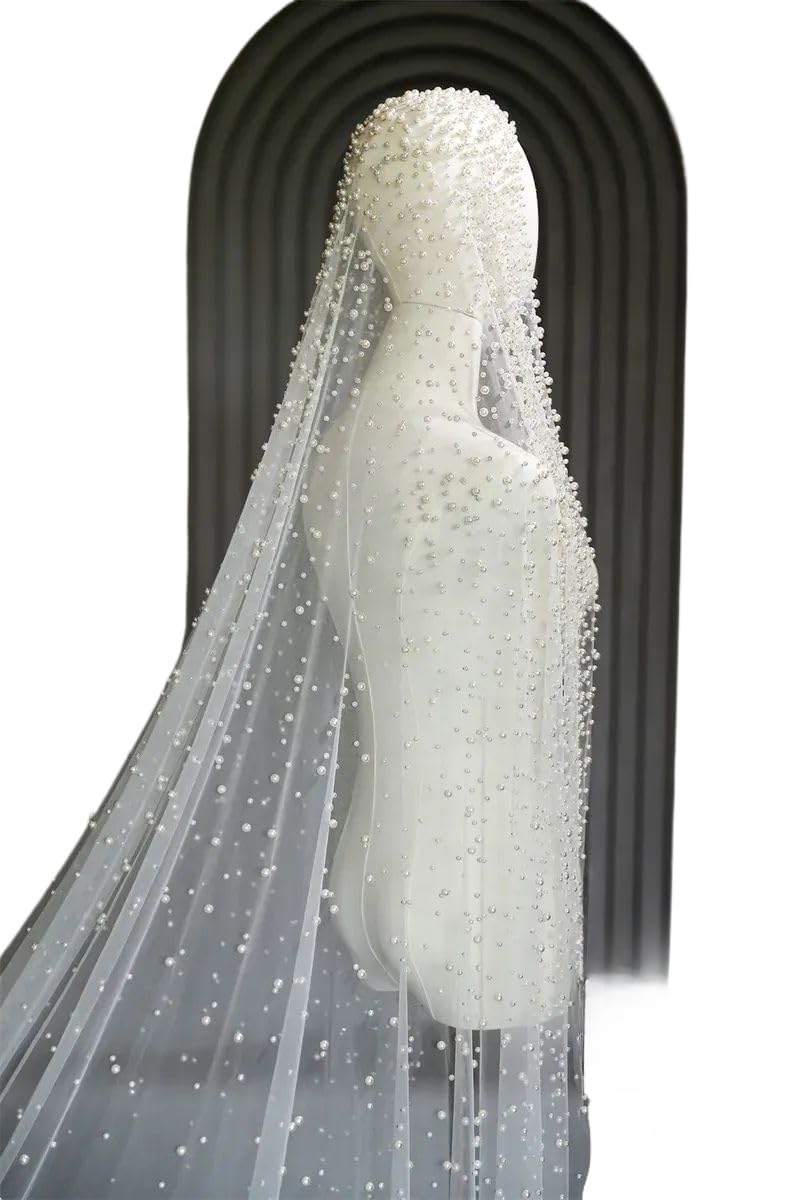 ROCKPOEM Long Wedding Veil with Pearls, 1 Tier Bridal Veil with Comb, Gorgeous Cathedral Mantilla Veil, Custom Length Scattered Pearl Design