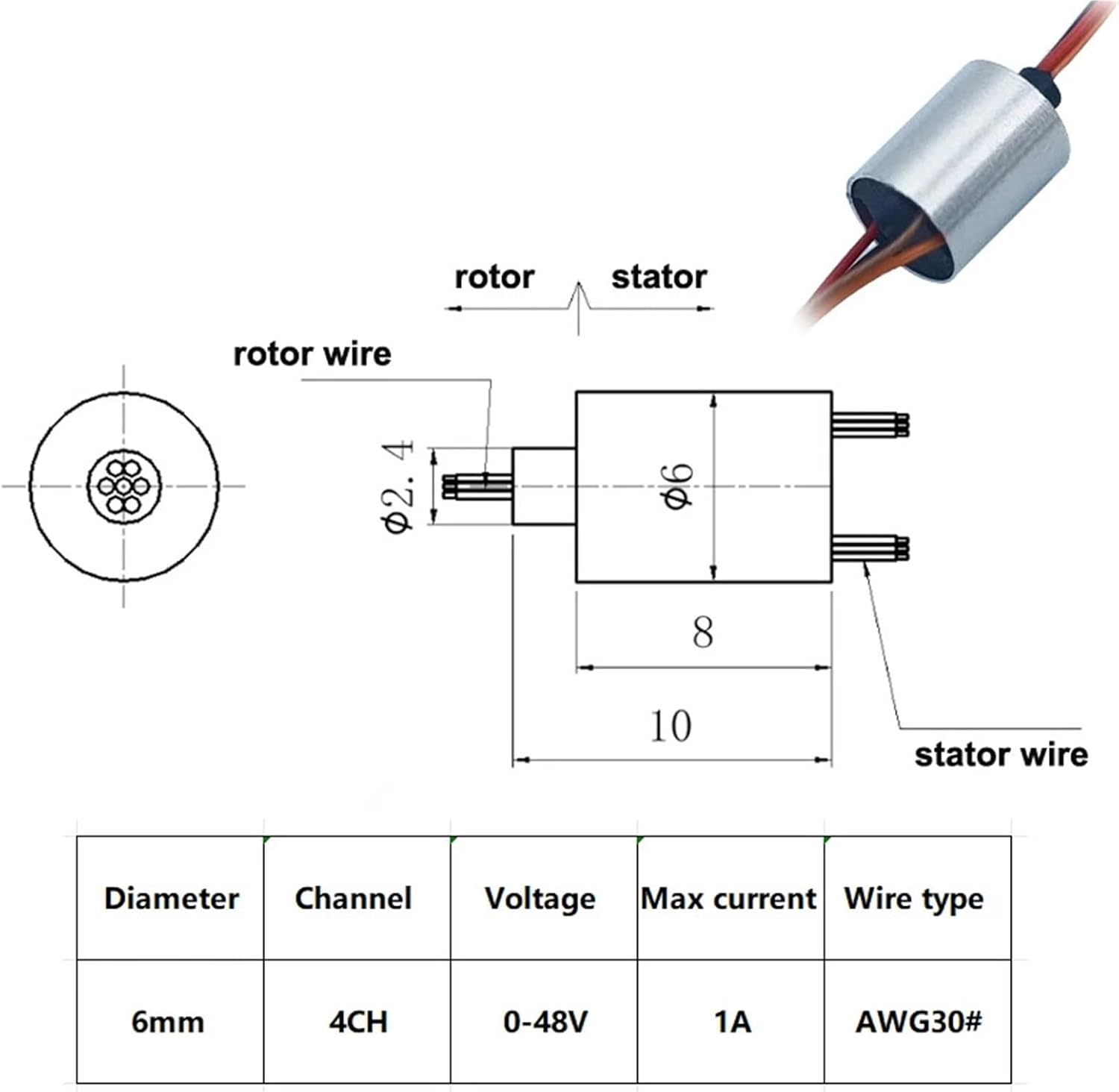 1PCS 48V Low-power Conductive Slip Ring Dia 6/6.5/7.9/8.5mm Aluminum Alloy Outer Shell Mini No-Flange Rotation Collector Ring(Dia 6mm 4CH 1A)