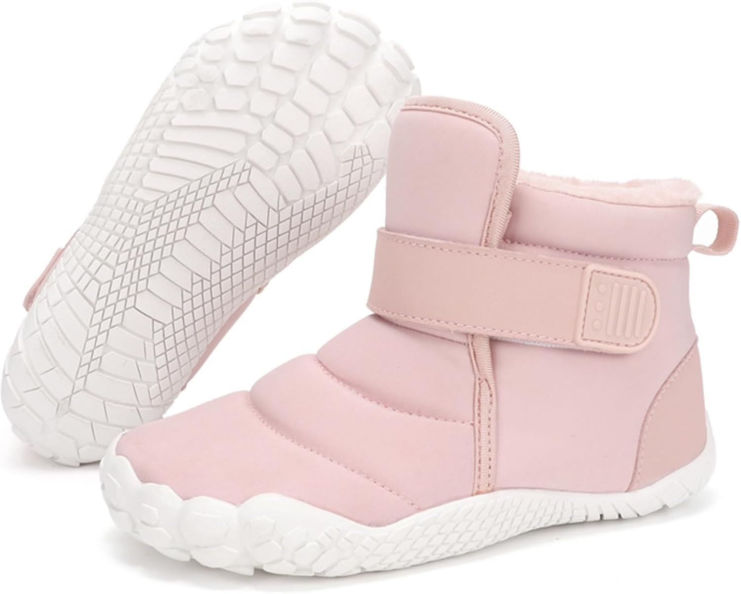 Padding Fur Snow Ankle Boots For Kids Boys Girls Comfortable Wide Toe Hoop Look Warm Lined Lug Sole Winter Barefoot Booties For Outdoor Winter