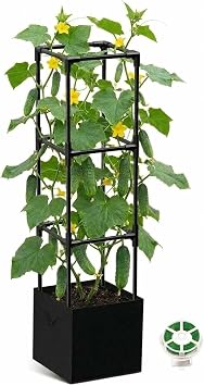 Cucumber Trellis with Planter Bag, 120cm Tomato Planter, 2-in-1 Garden Supports for Climbing Plants, Tomato, Vine, Potted Plants Indoor Outdoor 2 Pack, Black