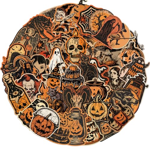 50pcs Retro Halloween Stickers Horrible Pumpkin Theme Stickers Gothic Style Vinyl Waterproof Holiday Party Stickers Teens and Youth Adult Party Favors Gifts