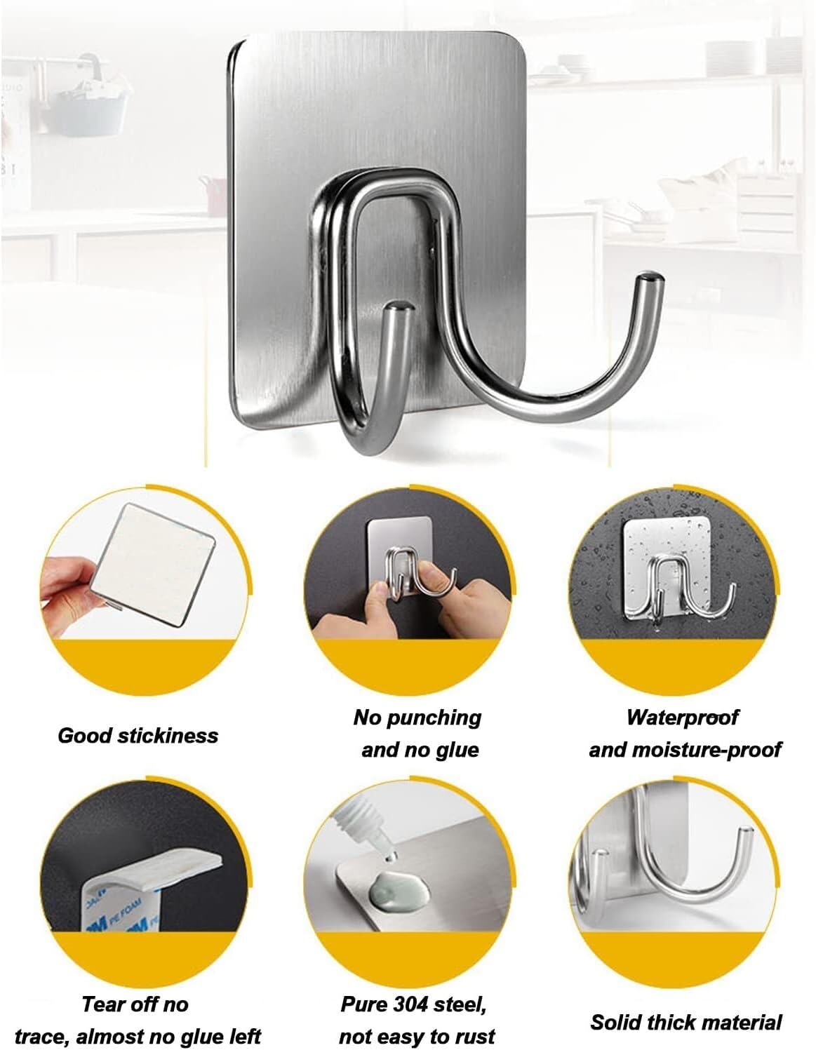 Ganchos para Abrigos, Ganchos para Perchas, Gancho Autoadhesivo de Acero Inoxidable 304 for Colgar Toallas de baño, Color Negro Mate, 3 Unidades(Silver,3pcs)