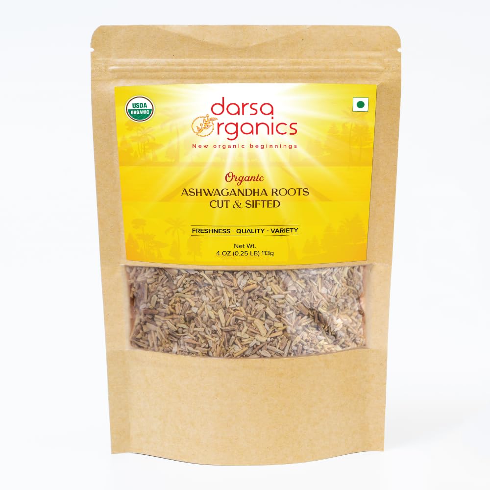 Ashwagandha Root Cut & Sifted 4 oz - USDA Organic Certified Withania Somnifera Supports Healthy Stress Relief, Energy and Sleep, Great for Teas and Smoothies, Non-GMO, Vegan, KosherUSDA Organic