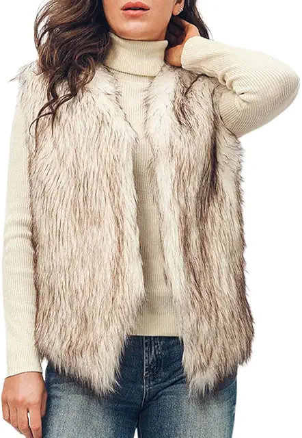 Gilet Sans Manches en Fausse Fourrure Blanc Marron pour Femme - Chaud Hiver