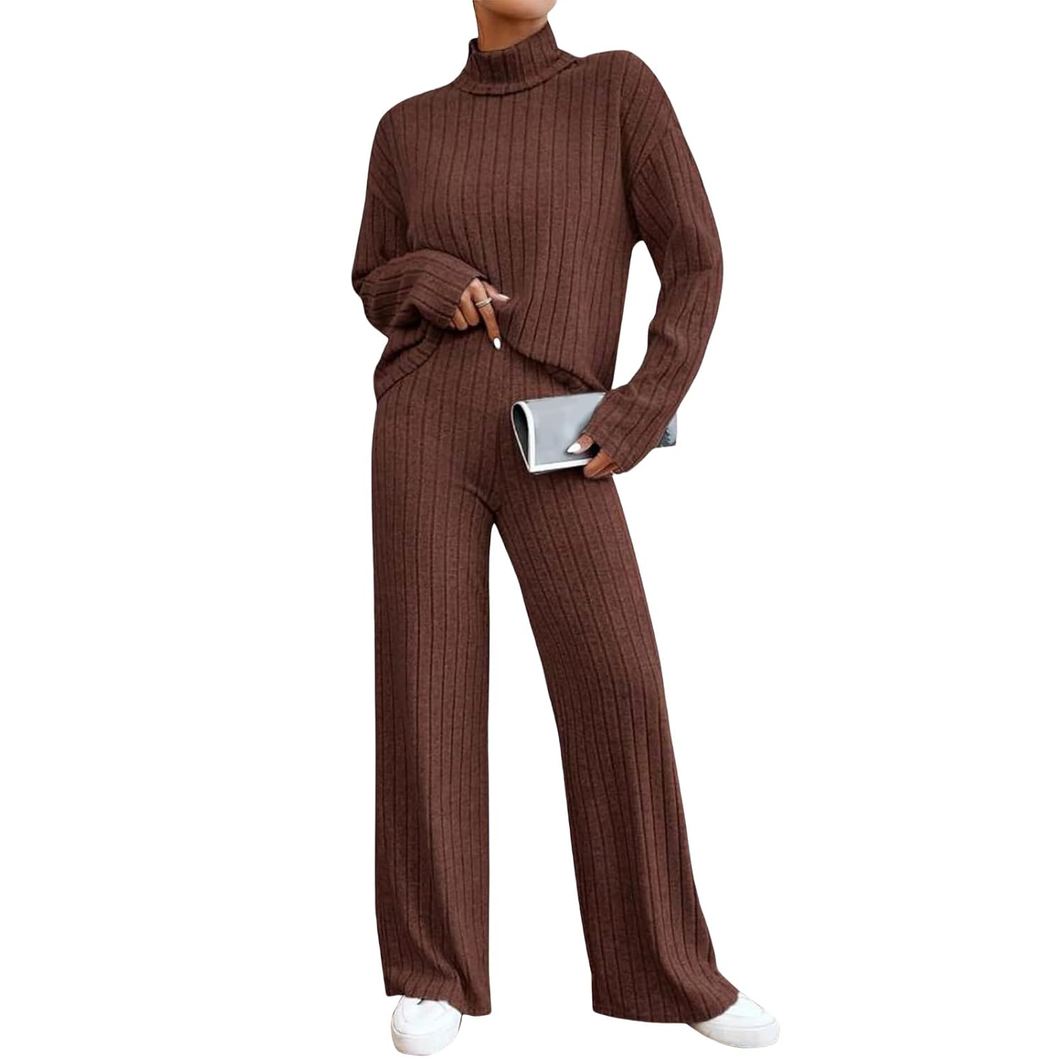 Womens 2 Piece Outfits Fall Lounge Set 2025 Oversized Ribbed Knit Long Sleeve Top Wide Leg Pants Loungewear