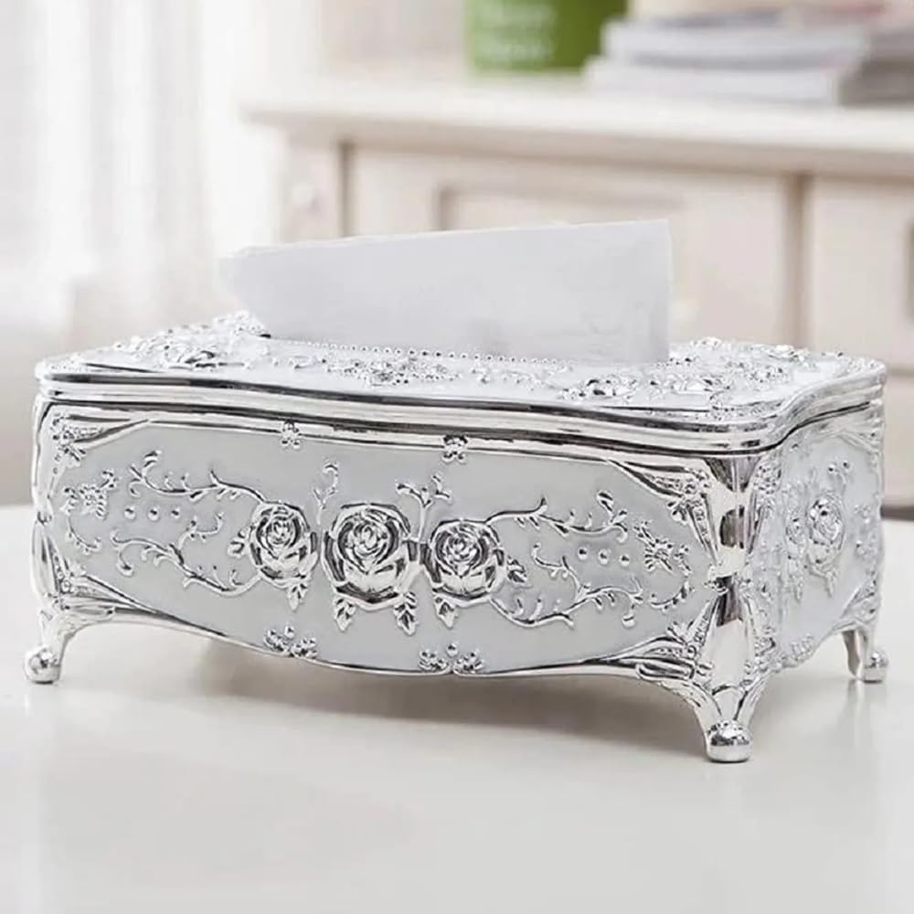 Vintage Floral Tissue Box Holder, Luxury Facial Napkin Holder, Toilet Paper Holder for Home Office Bathroom Car Automotive Decor (White and Gold) (Silver)