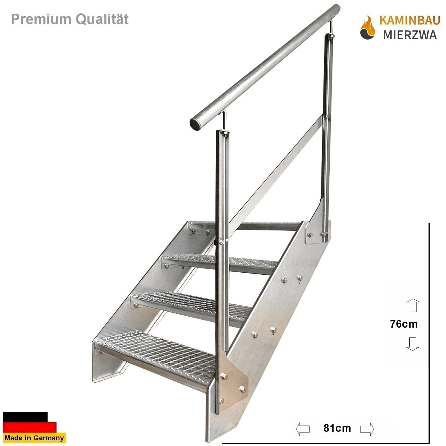 Premium Caillebotis acier Escalier à limon 4 Marches Entièrement galvanisé avec garde-corps à droite - Dimensions (L x l x H) 82cm x 60cm x 76cm