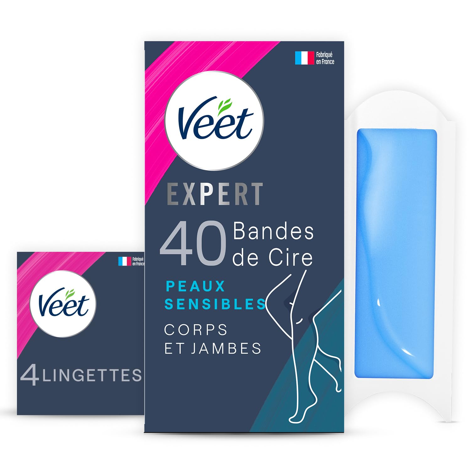 Veet Expert - 40 strisce di cera fredda per corpo e gambe, per pelli sensibili, finitura perfetta, per depilazione a lunga durata
