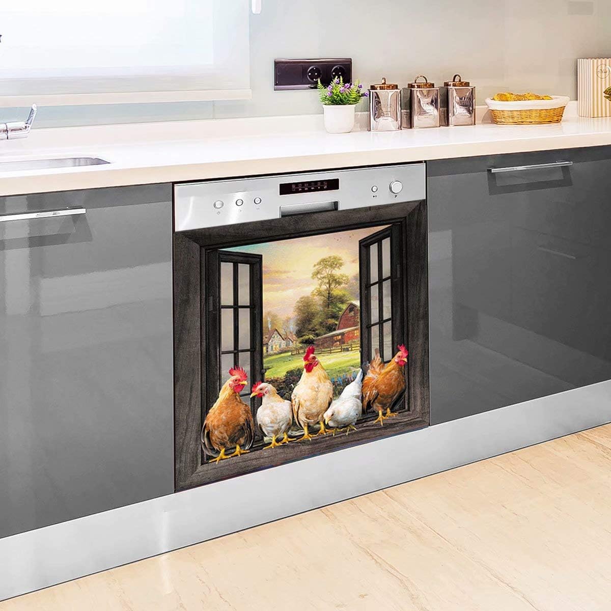 Magnetic Farm Chicken Dishwasher Cover,Kitchen Decor Rooster Refrigerator Magnet Decal Panels,Country Farmhouse Window Fridge Door Cover,Home Appliances Decor Stickers 23"Wx26"H