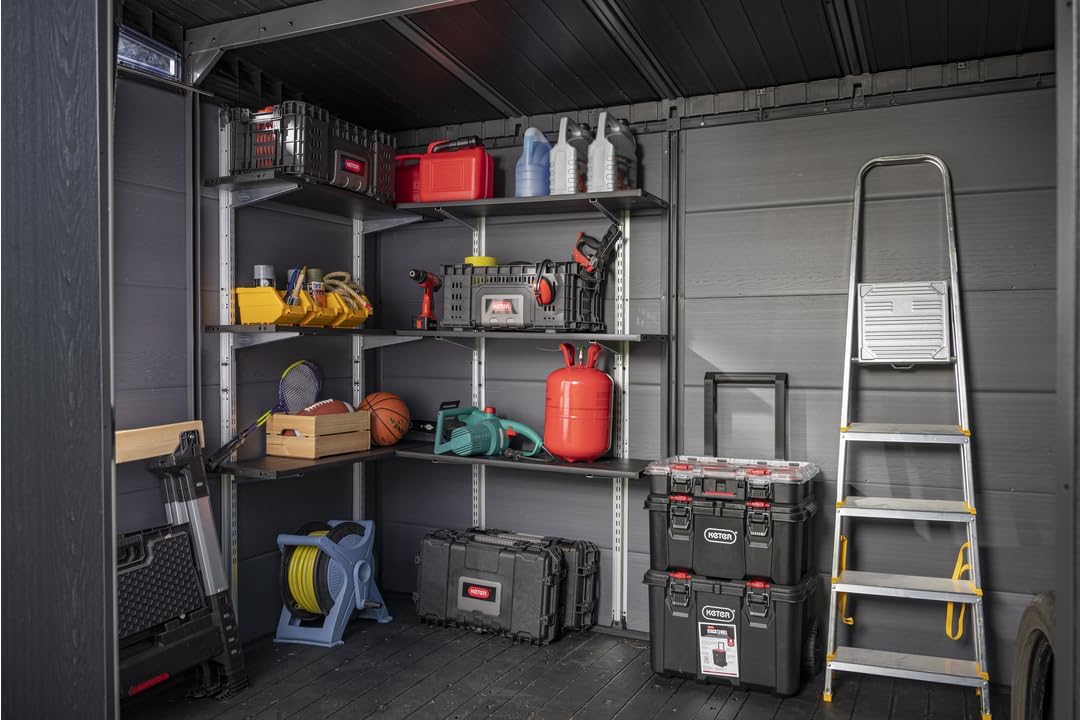 Keter shed interior with shelves holding various items, demonstrating organization