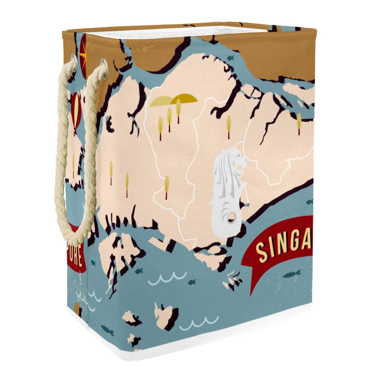Panier à linge vintage motif carte Singapour grand format avec poignées