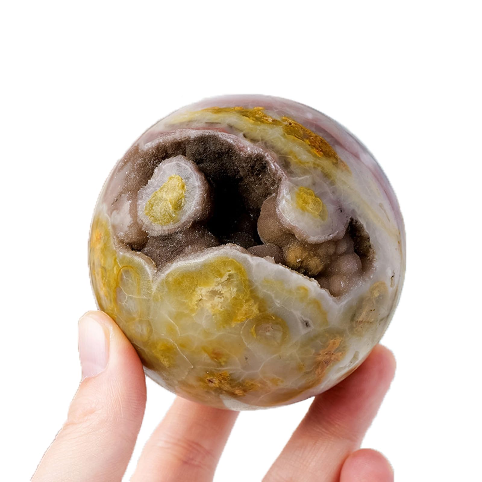 Natural Rainbow Agate Geode Sphere Polished Crystal Ball with Druzy