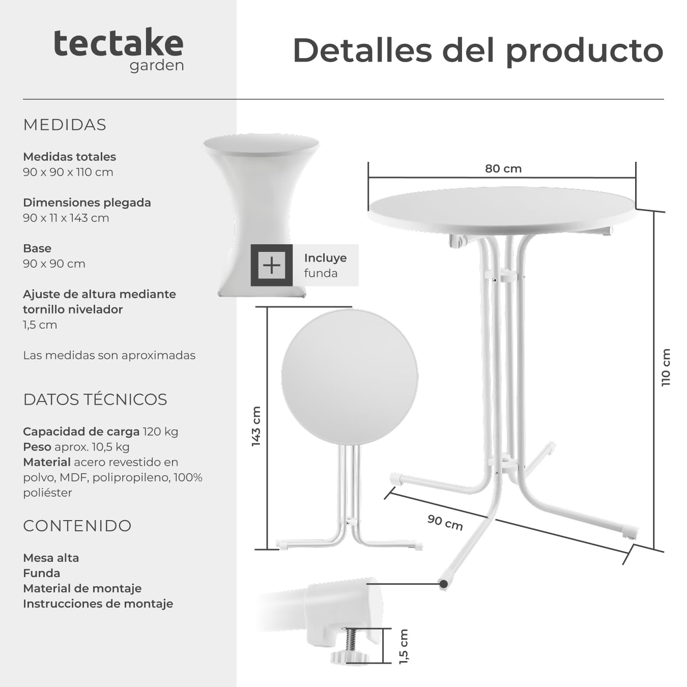 tectake® Mesa Alta con Estructura Plegable para Cocina, Comedor y Bar, Incluye Funda Lavable de Poliéster, Tablero de MDF Robusto, Estructura de Acero, Pies Antideslizantes, Fácil de Limpiar - Blanco