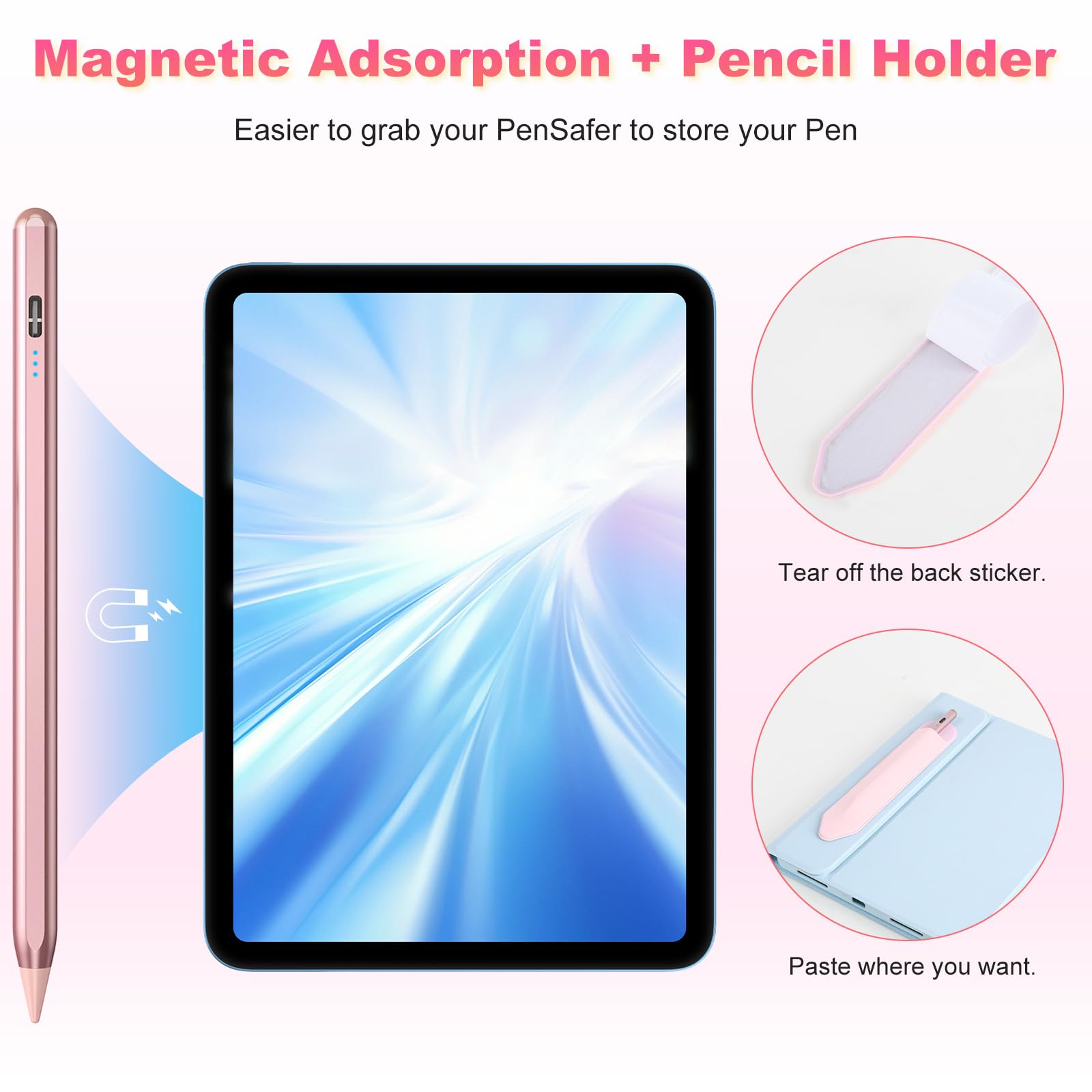 Pennino capacitivo per Apple iPad 2018-2024 KBCASE Apple Pencil compatibile con iPad 10/9/8/7/6th Gen, iPad Mini 6/5th Gen, iPad Air 5/4/3th, iPad Pro 11/12.9" con ricarica rapida di 15 minuti, 5