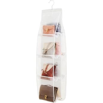 AARAINBOW Handbag Organiser for Hanging Transparent Handbag Storage for Family Closet 8 Pockets Wardrobe Organiser Foldable Hanging Shelf for Shoulder Bag 113 H x 34.5 W A-White