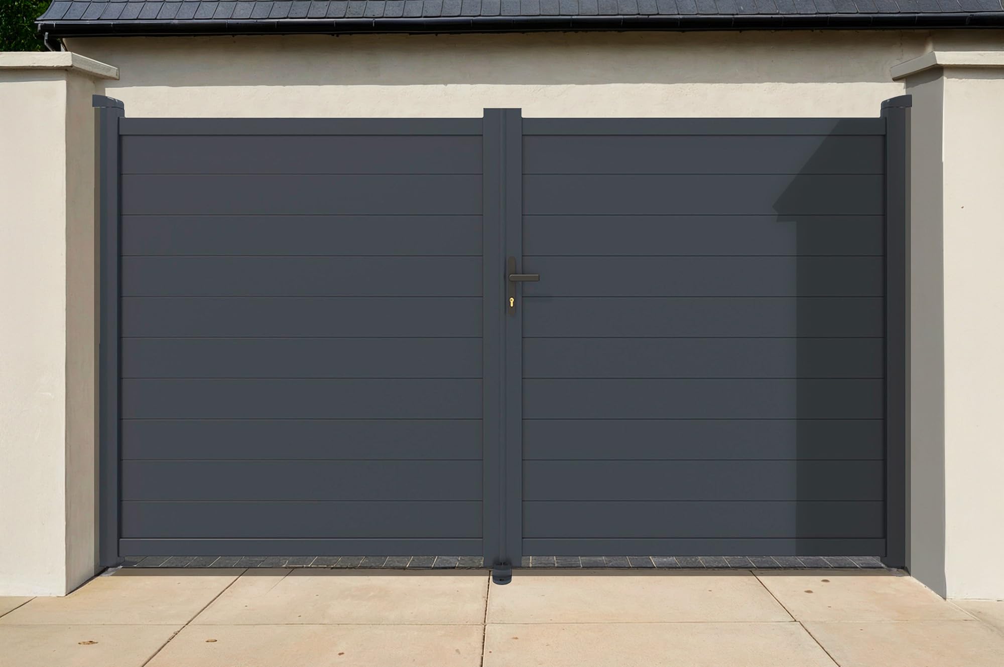 Casanoov Portail Battant EIGER Aluminium Gris Anthracite 300 x 176 cm 3 x 1,​76 m 5,​28 m² Plein Lames Horizontales Extérieur Intimité Résistance Vent 50 km/​h Serrure Barillet 5 Clefs Inclus