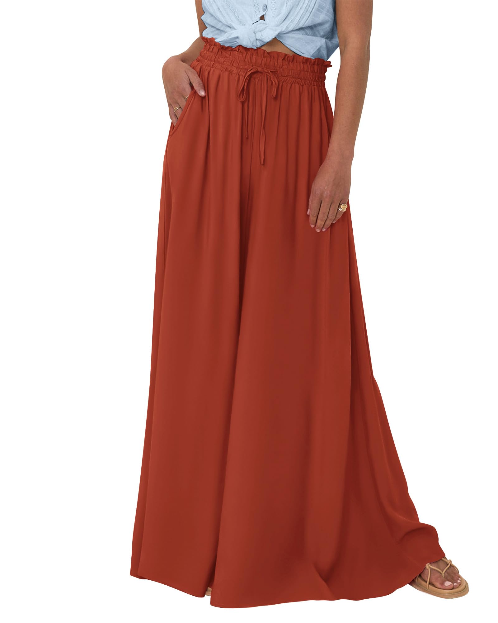 BTFBM Women Casual High Waist Wide Leg Pants Summer Floral Solid Long Palazzo Pants Lounge Beach Trousers with Pocket