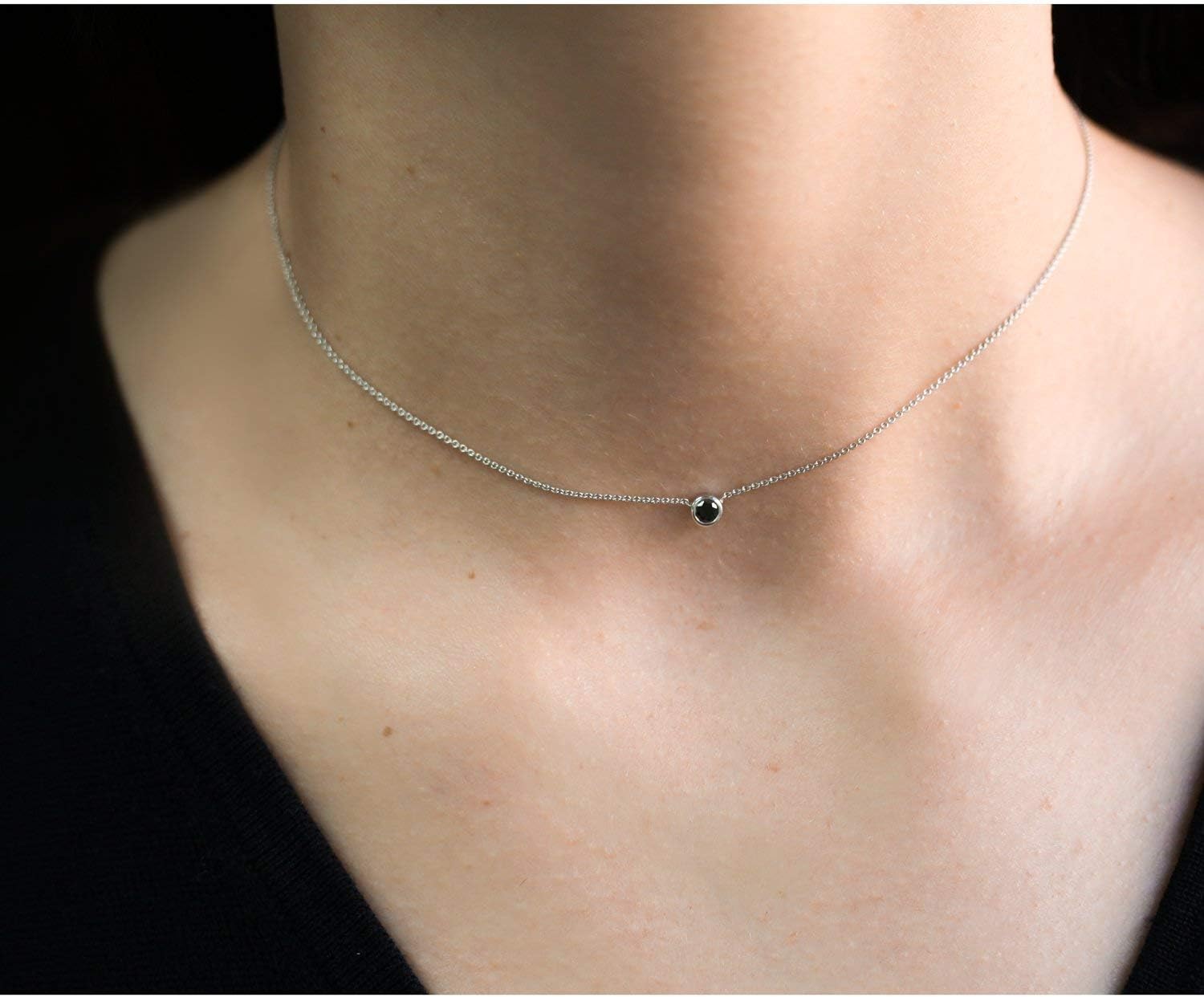 Kobelli Black Diamond Bezel Necklace 1/6 Carat, 14k White Gold, Adjustable 13 14 15 Inch