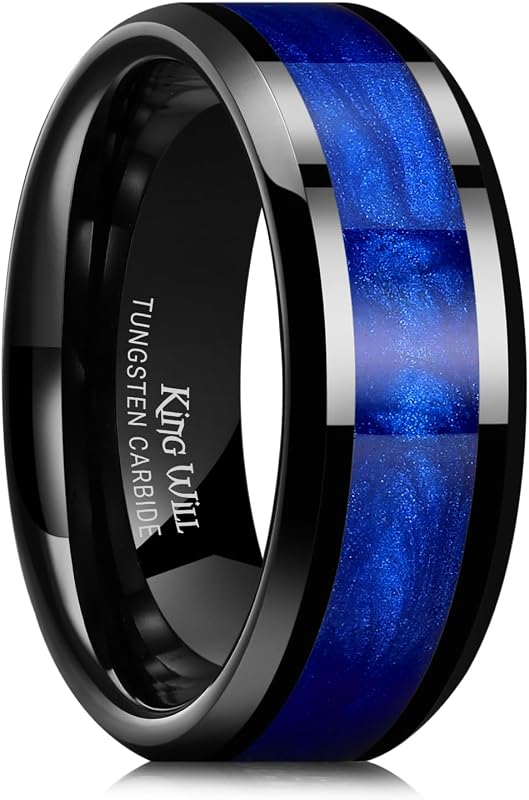 King Will Mens Galaxy Tungsten Wedding Band | 6mm/8mm, Beveled Edge, Comfort Fit, Durable, Sandstone Opal Inlay Polished, Everyday Wear