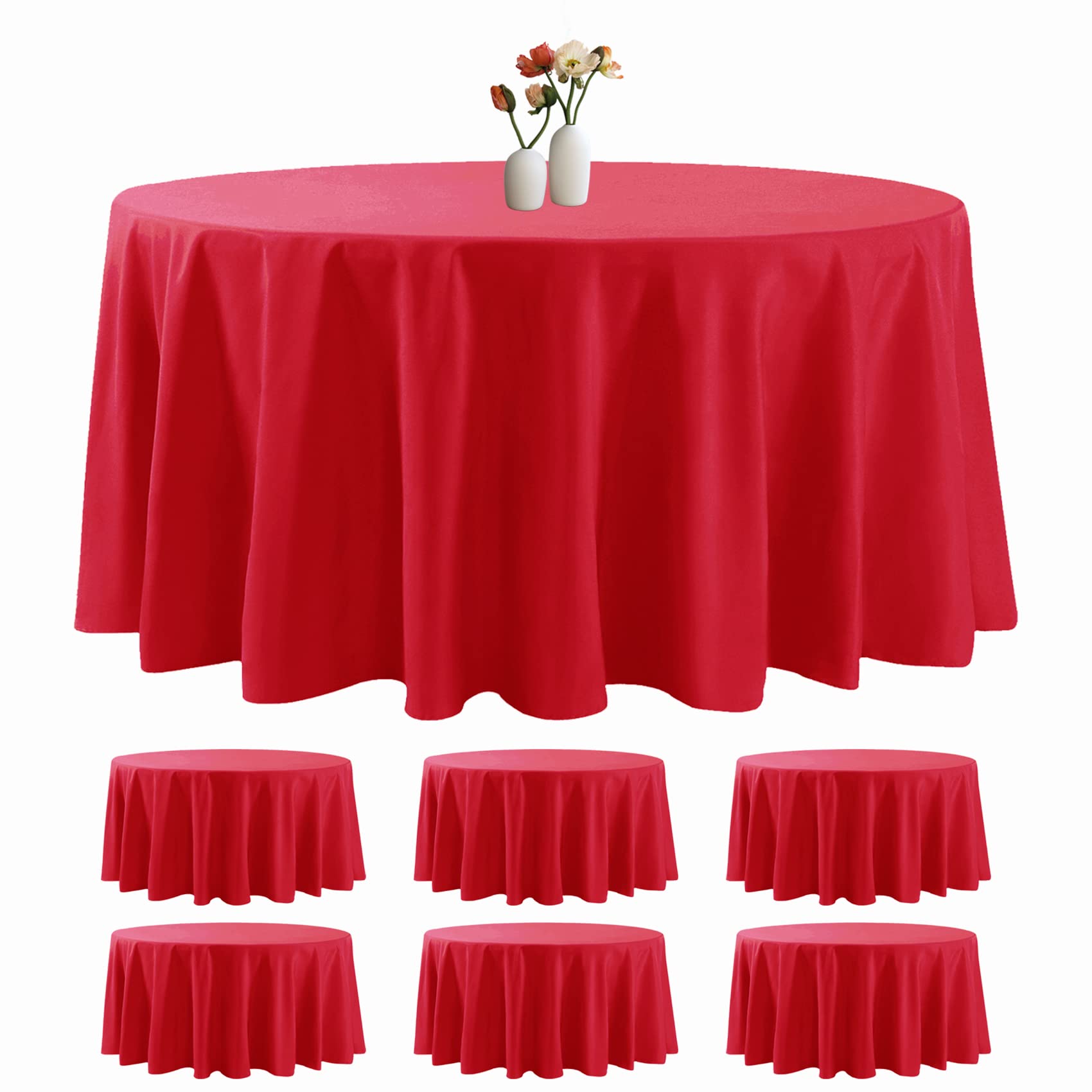 6 Pack Round Tablecloth 132 Inches Red Table Cloth Stain and Wrinkle Resistant Washable Polyester Fabric Table Cover for Party, Wedding and Banquet Decoration