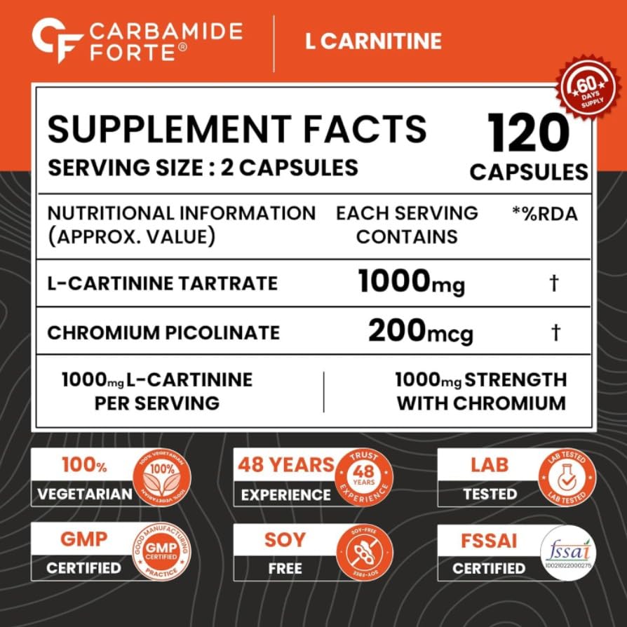 Carbamide Forte L Carnitine Tablets For Men & Women | L-Carnitine TabletsTo Support Energy, Recovery & Metobolism |Helps Convert Fat Into Energy - 120 Capsules
