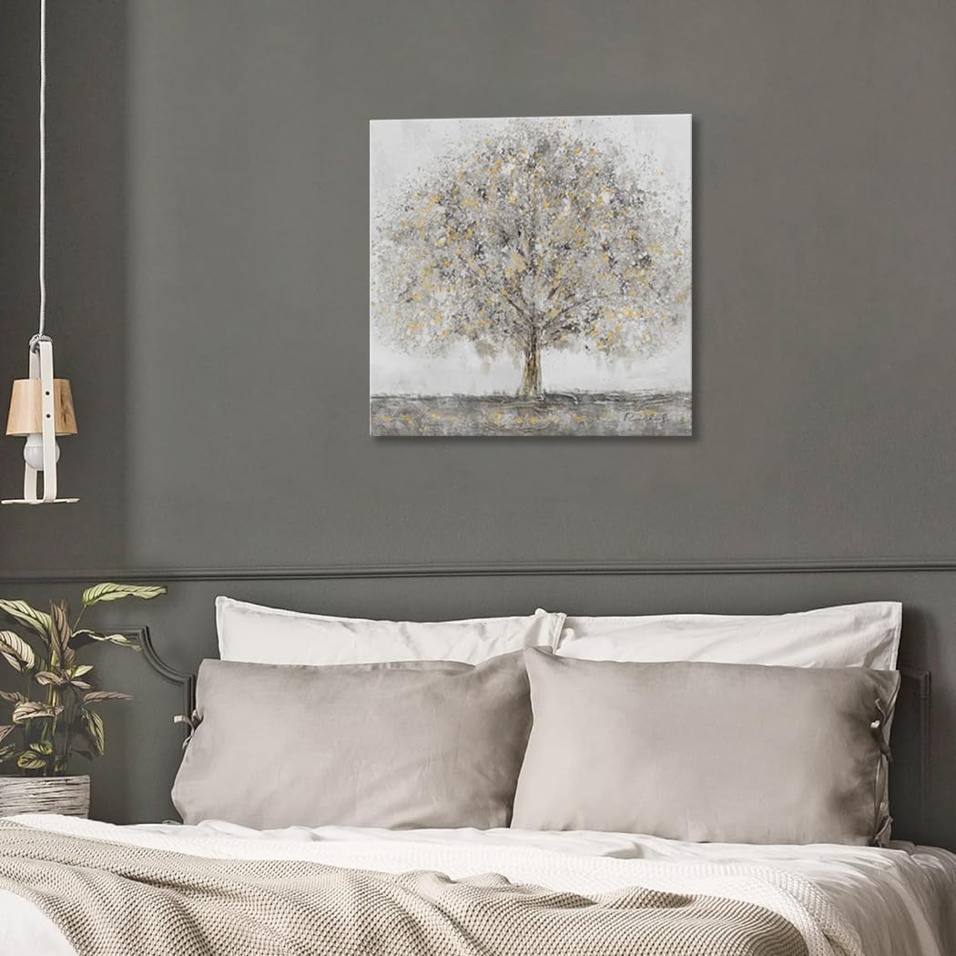 Woxfcart Abstract Tree Canvas Wall Art, Tree of Life Paintings with Gold Decoration Artwork for Gray Living Room Bedroom Bathroom Home Office Decor, 28 x 28 Inch