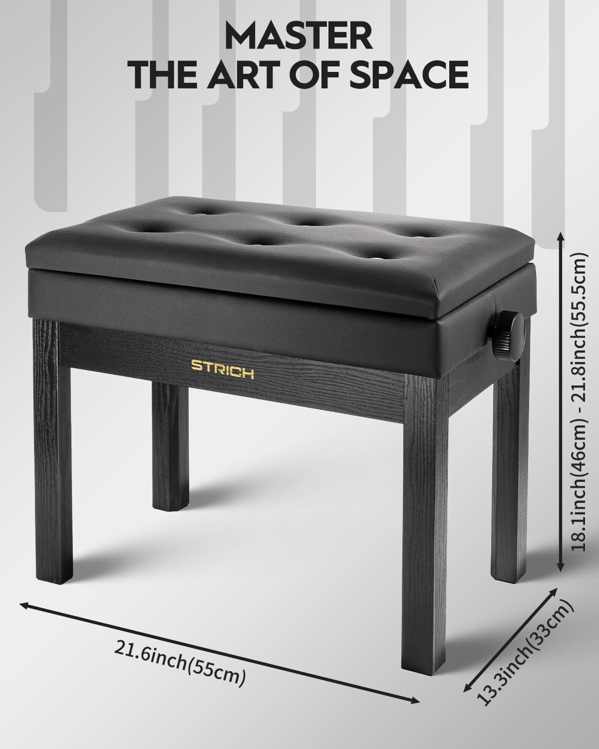 STRICH Klavierbank Höhenverstellbar mit Stauraum, Solid Wood Keyboard Bench Piano Bookcase Stool Chair Seat with High-Density Sponges Cushion, SPB-20