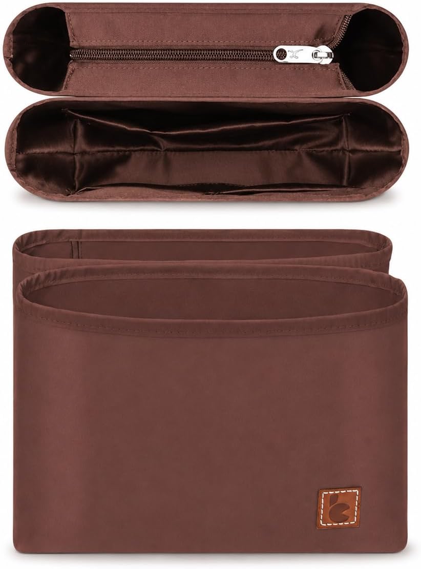 GIVLEFLY Satin Purse Organizer Insert for Neonoe Bucket Bag, 2PCS Silky Handbag Liner with Zipper Pocket, Structured Shaper with Multiple Pockets,Brown