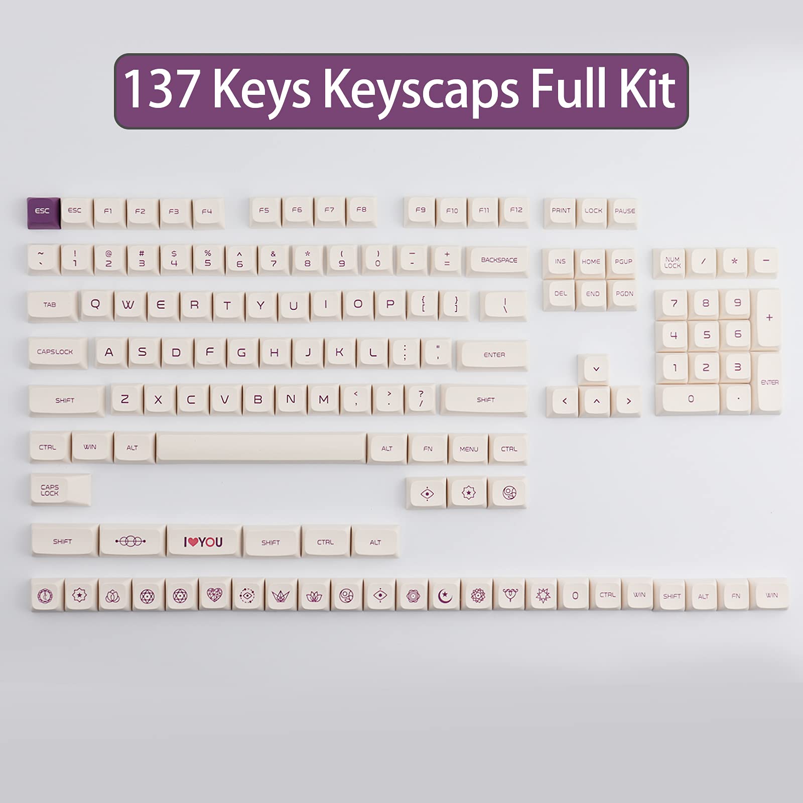 Keycaps, PBT Dye Sublimation keycaps 137 Touches Violet sur Cream Keycaps Profil XDA pour Clavier mécanique à commutateur MX