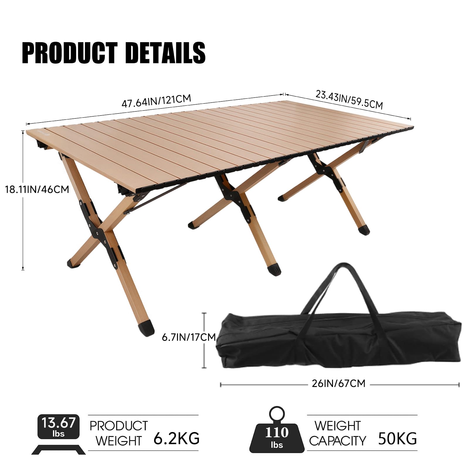 rollingsurfer Table de Camping Portable, Table Pliante Camping en Aluminium avec Sac de Transport, Compacte Table Exterieur pour La Plage, Le Barbecue et La Fête, Support 50 kg