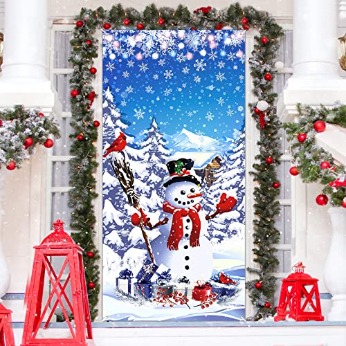 Winter Snowman Door Cover Decoration Let It Snow Snowman Cardinal Christmas Door Banner Backdrop for Winter Welcome Christmas Holiday Front Door Decoration
