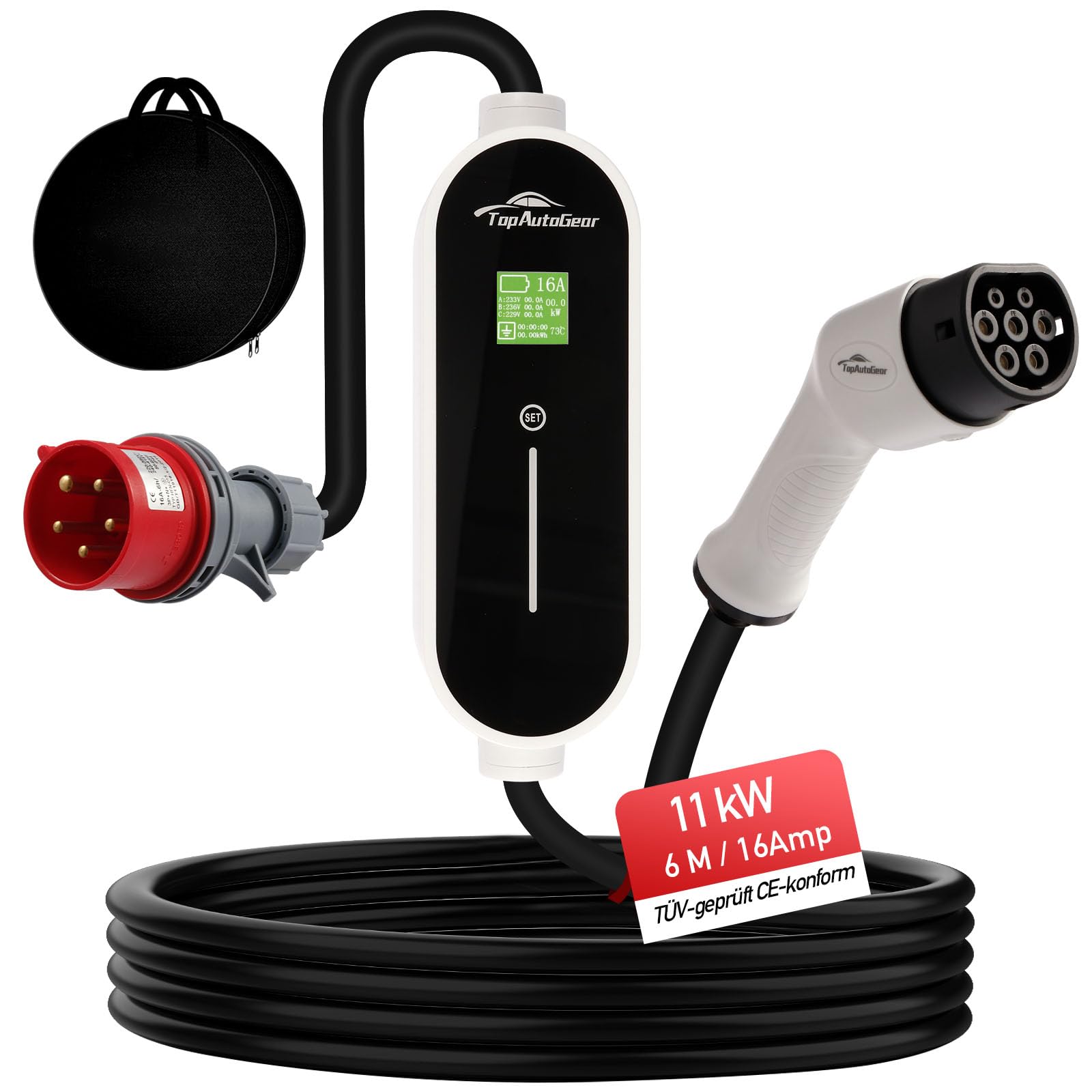 TopAutoGear Mobile Wallbox 11 kW/3.7kW [6 m | 8-16 A] mit Einstellbarer Stromstärke, Ladekabel CEE 16A auf Typ 2 für ID.3/4/5, Model Y/3, MG4, EX30, e-up, e-tron, Zoe, EV-Charger mit IP65