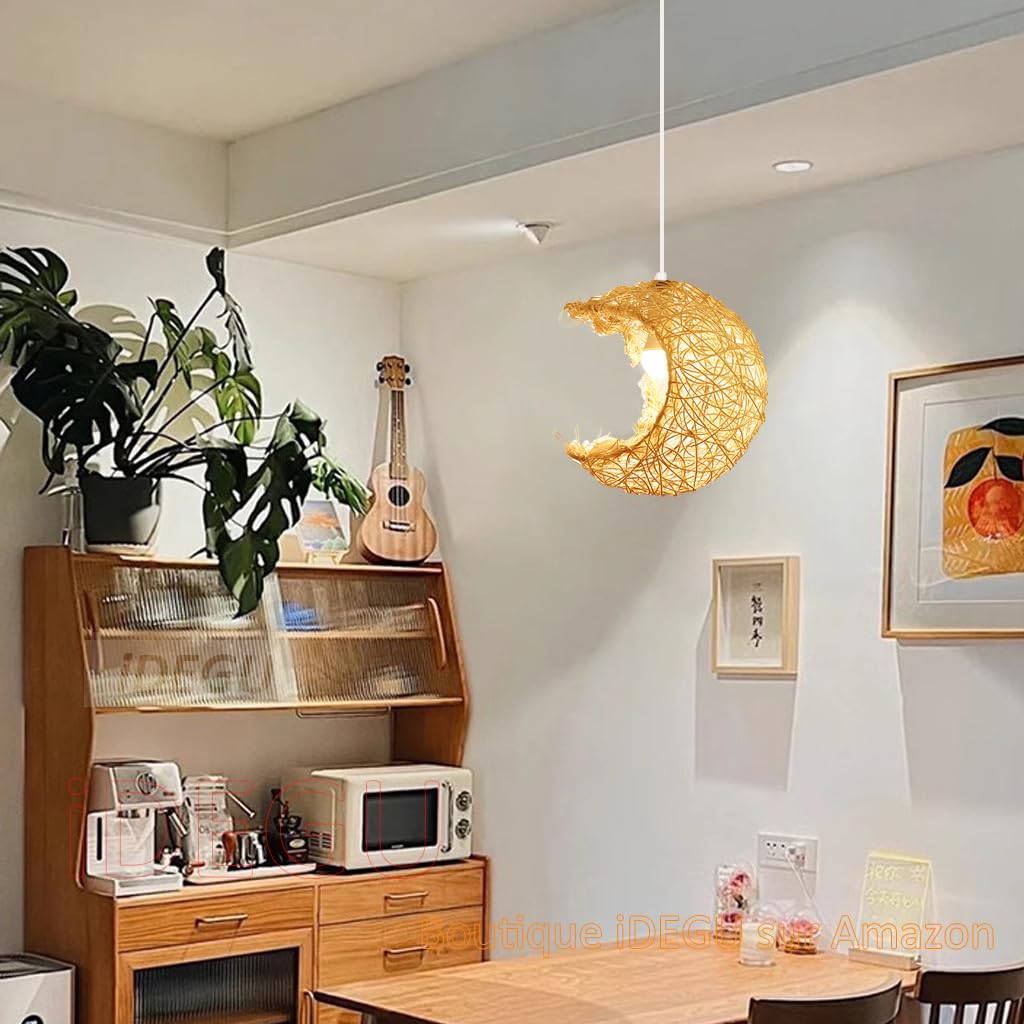 iDEGU - Lámpara de Techo Retro y Moderna de Ratán y Madera, Estilo Vintage E27 Para Habitación Infantil, Salón, Cafetería