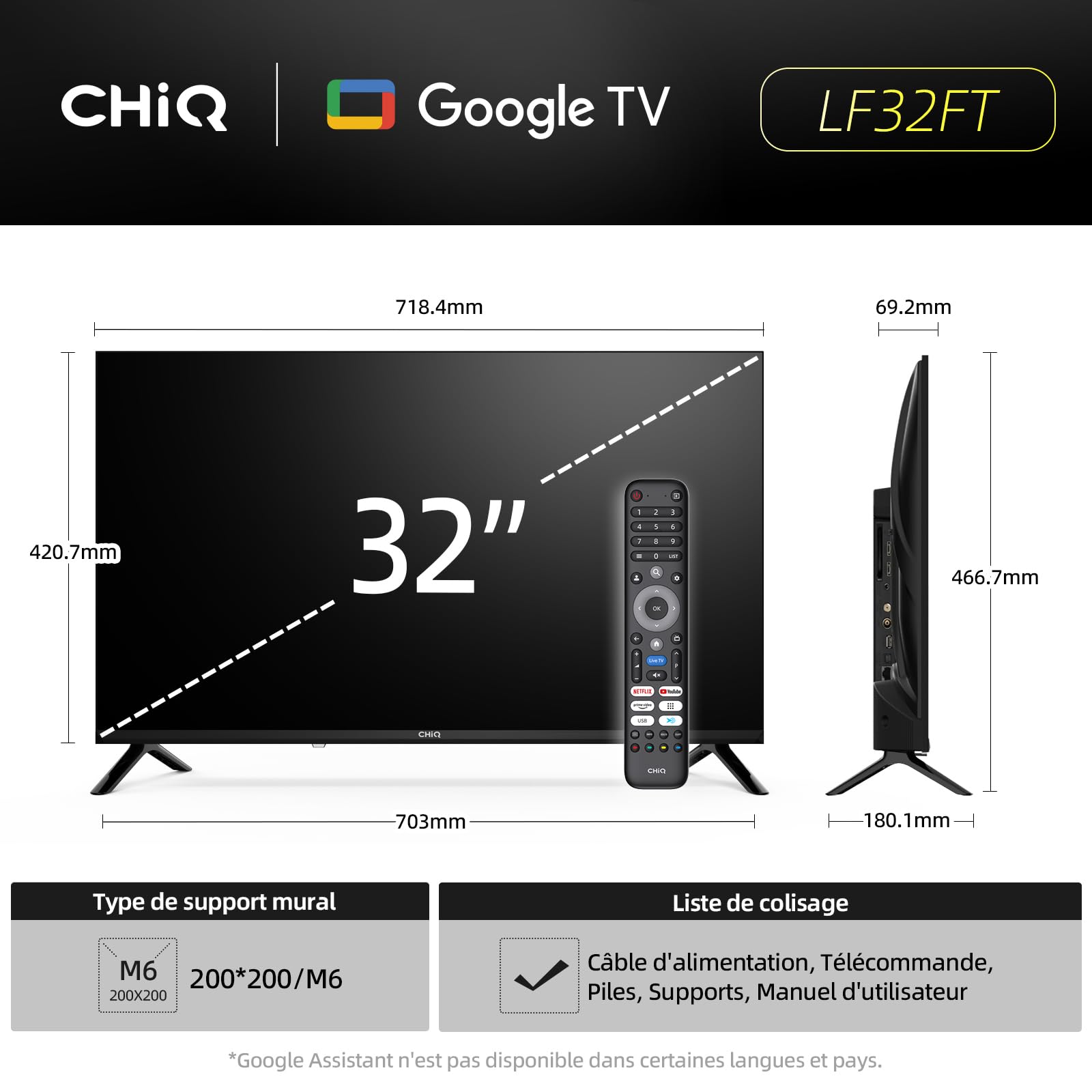 CHiQ LF32FT Smart TV 32" 80 cm FHD HDR10 Tuner DVB-C/T/T2/S/S2 | Dolby Audio &dbx-tv, Triple Tuner DVB-C/T2/S2, Google Home & Chromecast, Design Métal Sans Bord