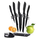 Kitchen Knife Set 7 Piece&comma; High Carbon Stainless Steel Knife Block Set with Knife Sharpener&comma; Professional Chef Knife Set with Acrylic Stand&comma;Non stick coating for Anti-rusting and Sharp