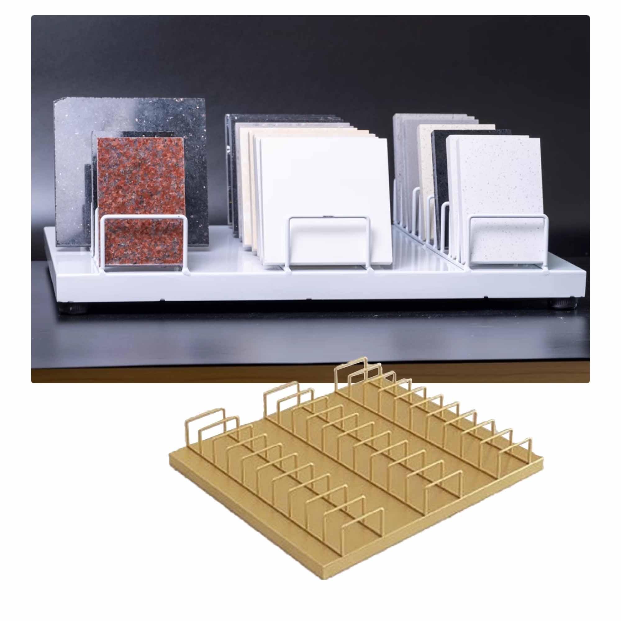 Goldener Metallständer für die Tischpräsentation – Freistehendes Organizer-Regal für kleine Fliesen und Marmorplatten – Perfekter Musterständer für Verkaufsveranstaltungen, Messen und Baumat