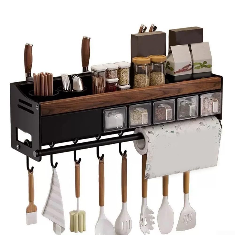 1 Stück Wandgewürzregal Aus Kohlenstoffstahl Mit Holzablage Und Utensilienhalter Für Küchenorganisation Schwarz(4)