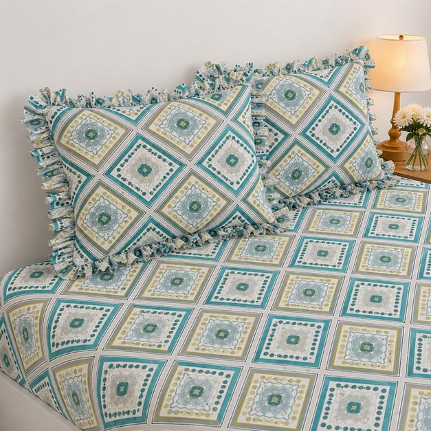 Image of 380 TC Premium Glace Cotton Elastic Fitted Bedsheet King Size with 2 Pillow Covers King Size | Double Bed with All Around Elastic (White Geometric, Fitted - 72 inchx78 inch King)