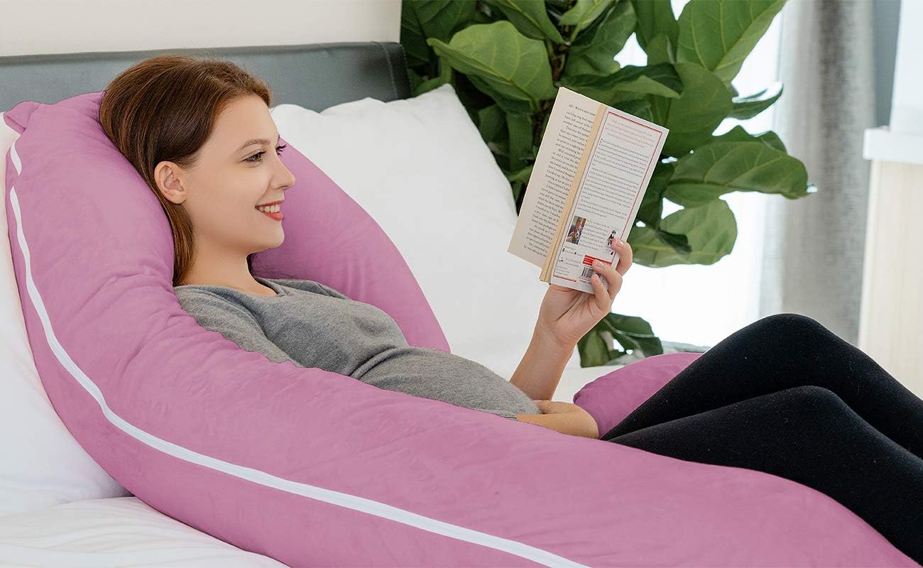 INSEN Pregnancy Pillow, Maternity Body Pillow with Velvet Cover,C Shaped for Side Sleeping, Magenta