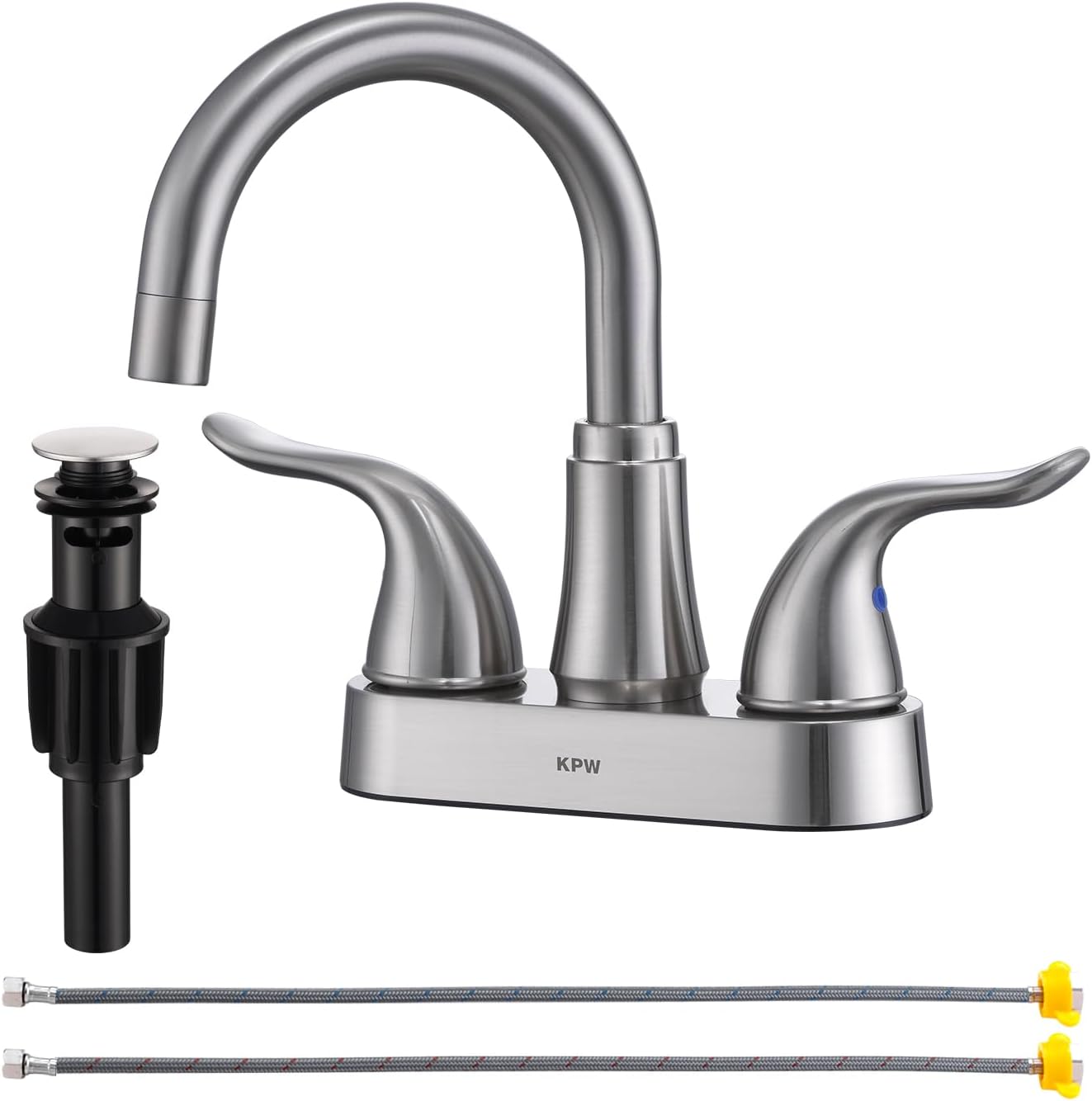 Bathroom Sink Faucet 2 or 3 Hole Brushed Nickel Centerset 4 Inch Bathroom Sink Faucet 2 Handle Over ABS Non-Metallic Lavatory Bathroom Faucet with Pop up Drain Water Supply Hoses
