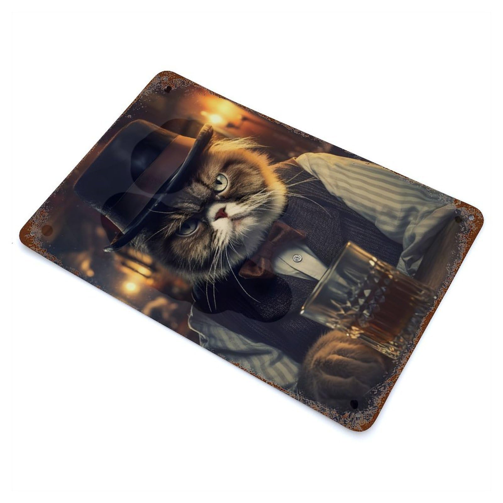 Garage Style Gentleman Grumpy Cat Aged Metal Wall Plaque 11.8"x7.9", Vintage Wall Decor for Bar And Workshop