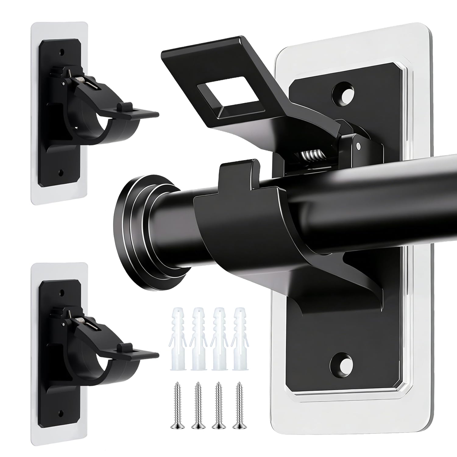 RunXinDa 2 Pack No Drill Curtain Rod Brackets, Self Adhesive Black PET Holders, Heavy Duty Stick on Wall Hooks for Towel Hanger, Bathroom, Kitchen, Living Room