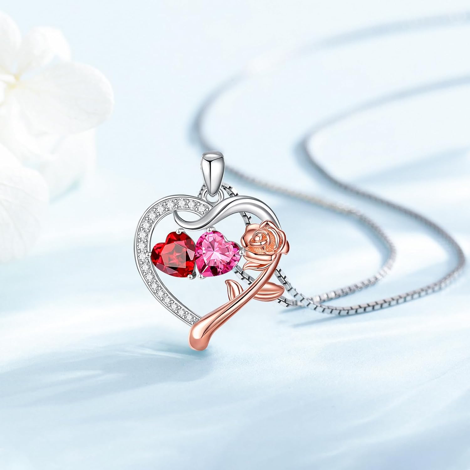 KQ&TTENG Birthstone Necklaces for Women - Rose Flower Heart Pendant Necklace with Double Birthstone Jewelry Anniversary Birthday Gifts for Her Wife Girlfriend Mom - Image 6